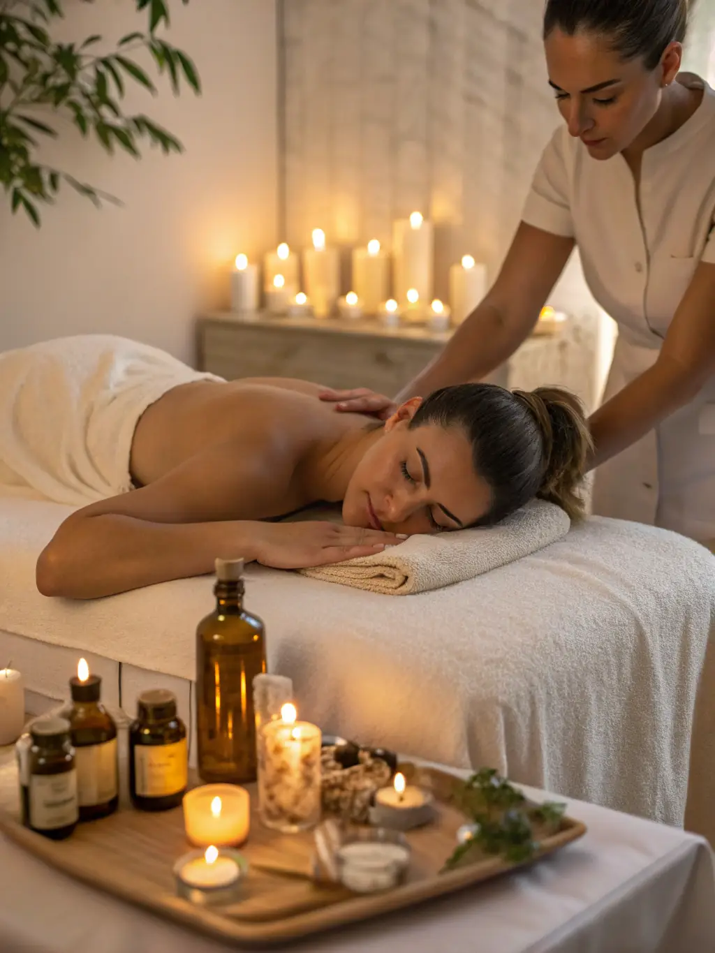 A serene image depicting a person receiving a Tantric massage in a dimly lit room with candles, emphasizing relaxation and spiritual connection.