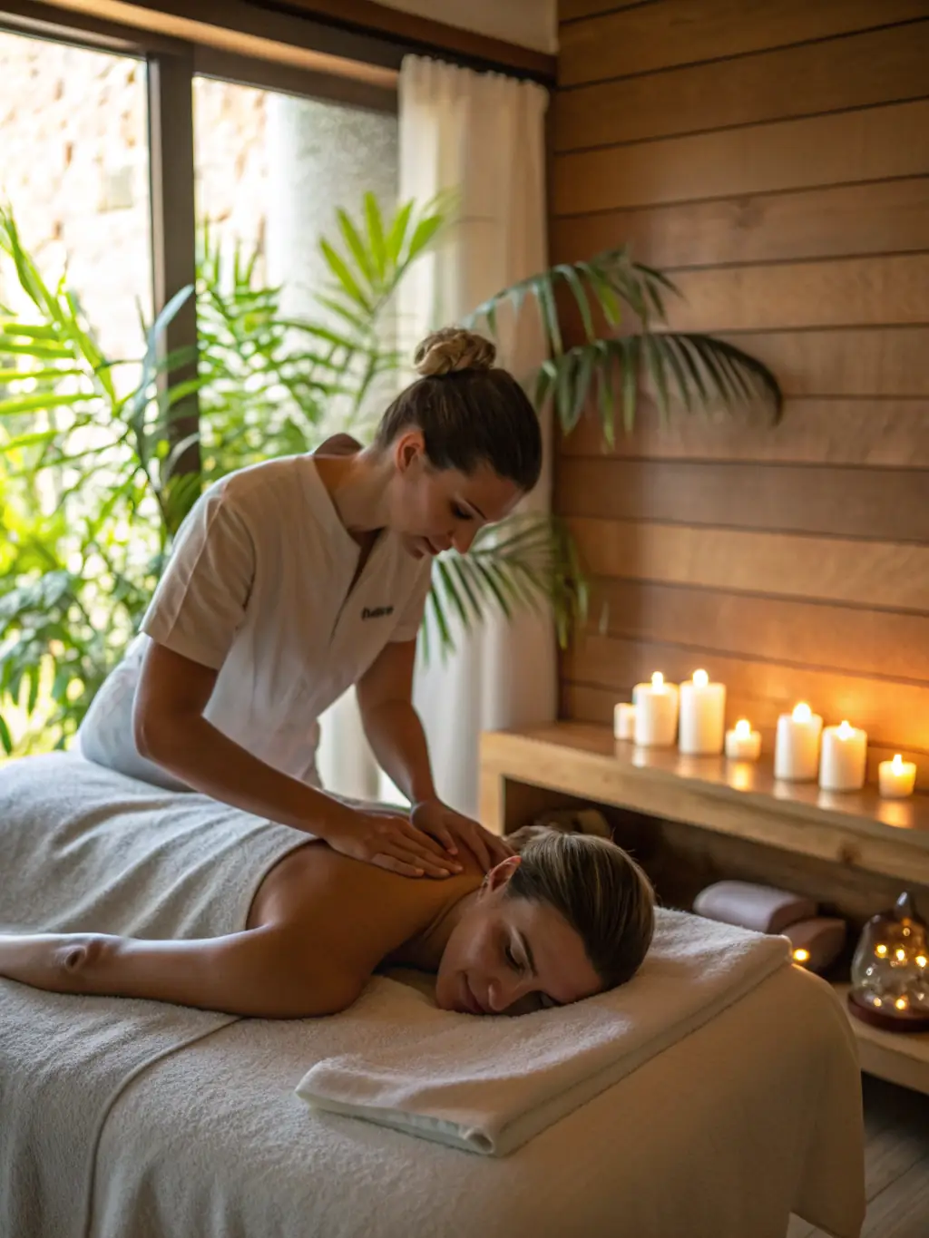 A calming image of a person lying on a massage table, surrounded by soft lighting and relaxing spa decor, ready to receive a therapeutic massage.